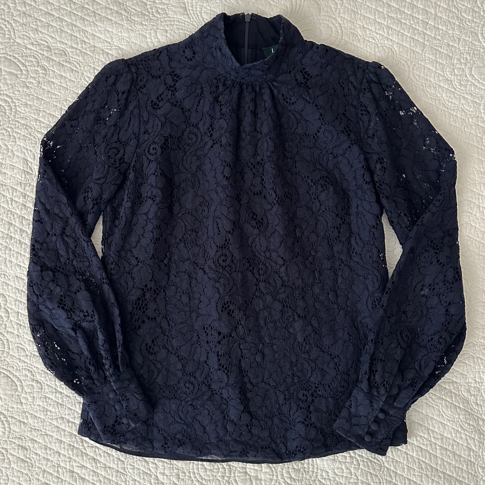 Lauren Ralph Lauren Women’s Navy Blue Lace Top Blouse Long Sleeve Mock Neck Sz 4
